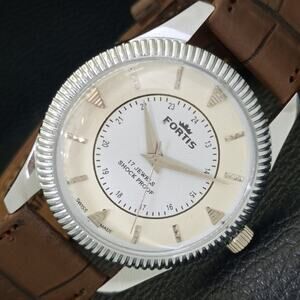 Vintage 1977 Fortis Manual Mens Silver Watch W/Leather Strap & Beige accents